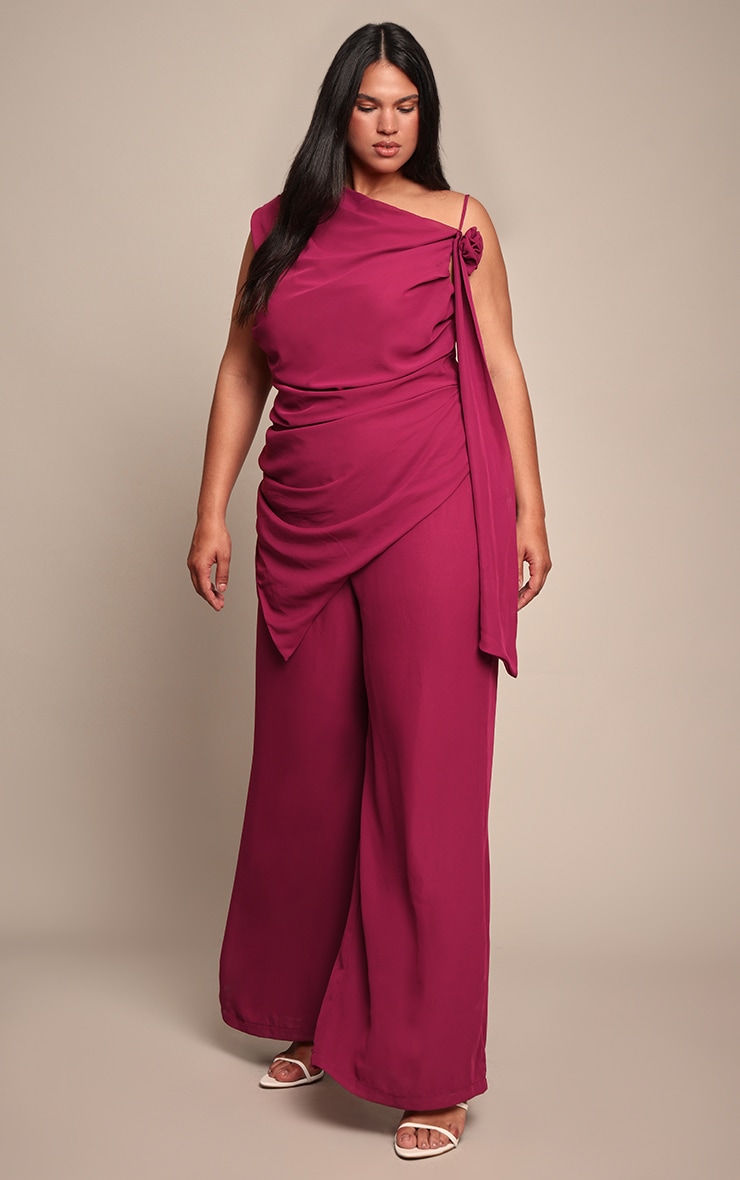Plus Deep Plum Chiffon Corsage Detail Wide Leg Jumpsuit image 1