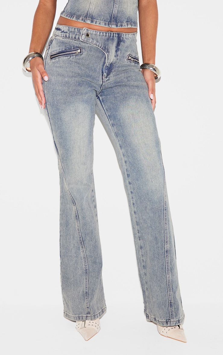 Vintage Asymmetric Waistband Jet Zip Detail Flared Jeans image 2