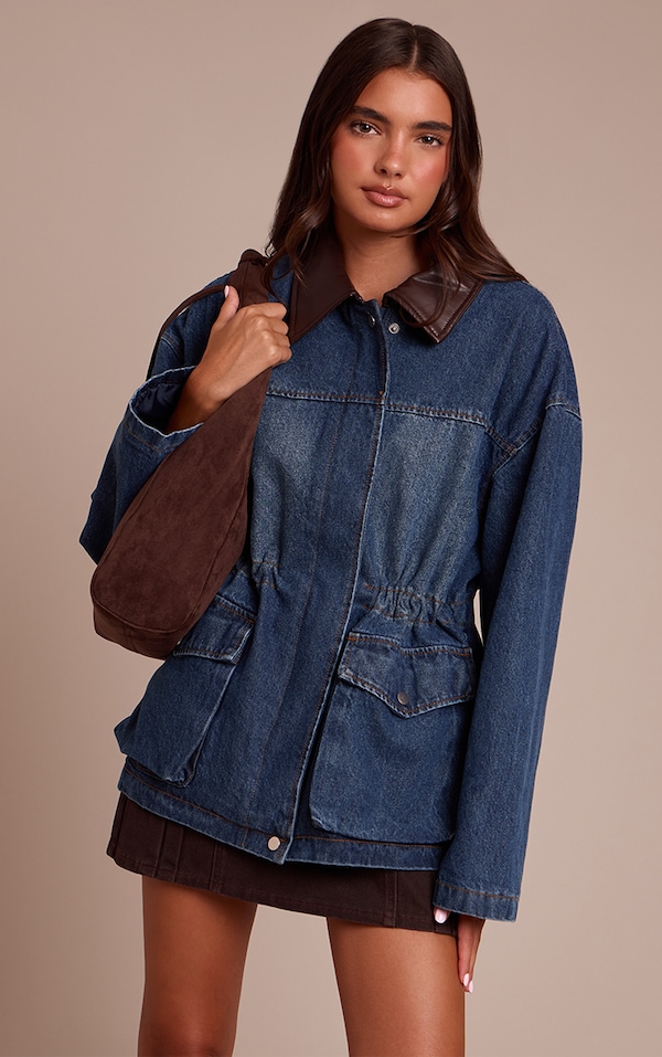 Dark Blue PU Contrast Collar Cinched Denim Jacket