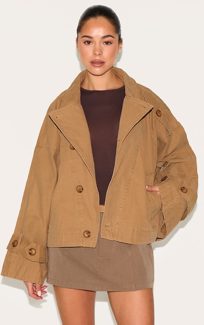 Taupe Wrap Over Detail Canvas Trench Coat