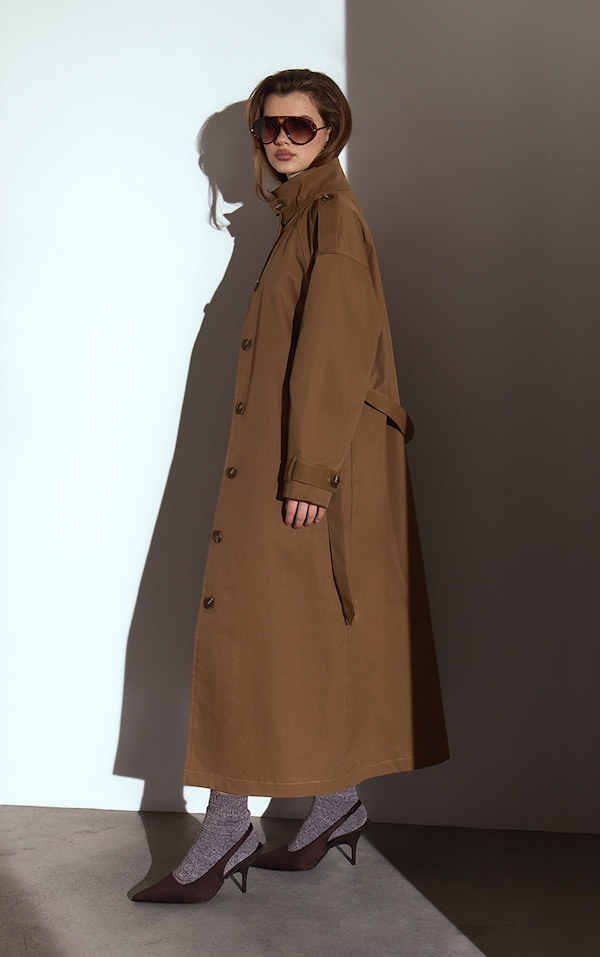 Camel Funnel Neck Maxi Trench Coat