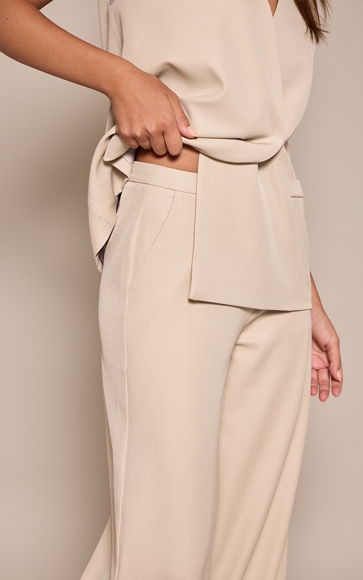  Almond Woven Pleated Mid Rise Wide Leg Pants image 4