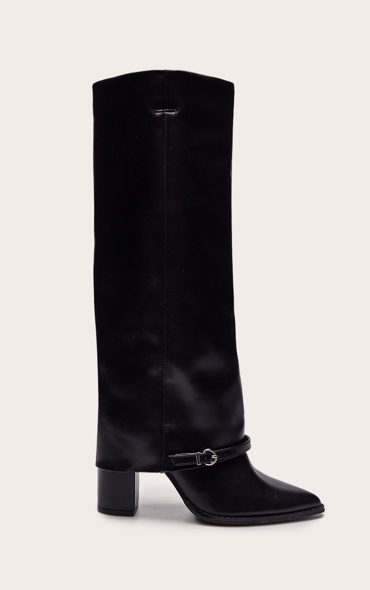 Black Fold Over Knee High Block Heel Boot image 2
