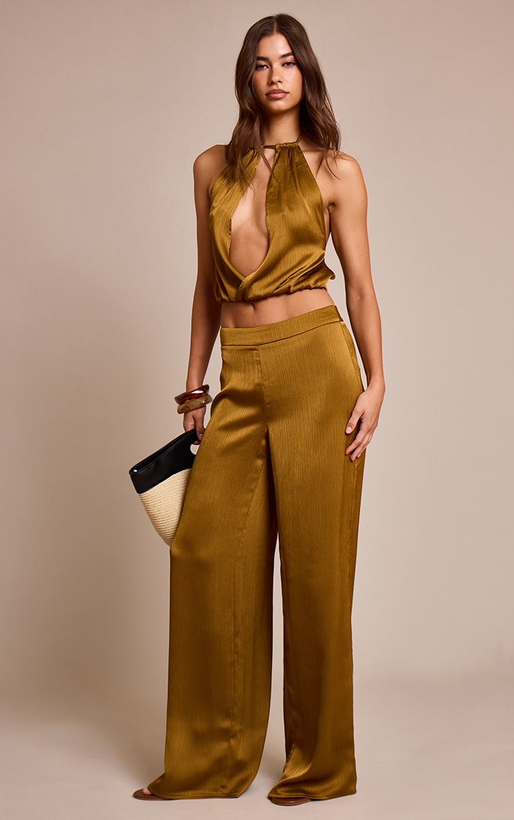 Dark Chartreuse Crinkle Satin High Neck Plunge Cowl Sleeveless Top image 3