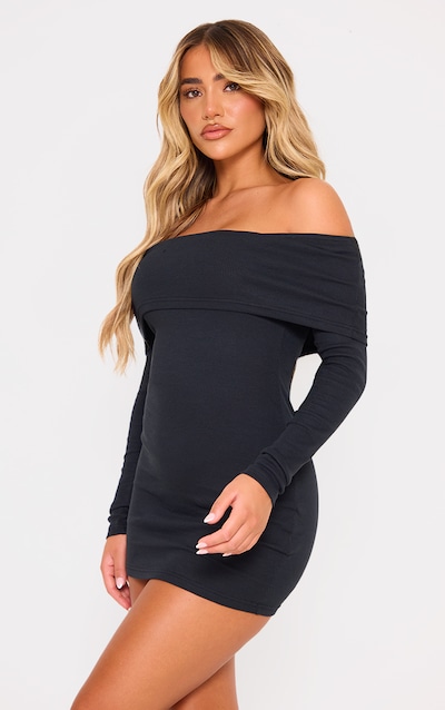 Robe moulante côtelée noire à col bardot plié
