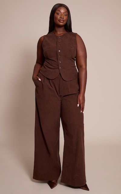 Plus Dark Brown Cord Tailored Tie Detail Wide Leg Pants