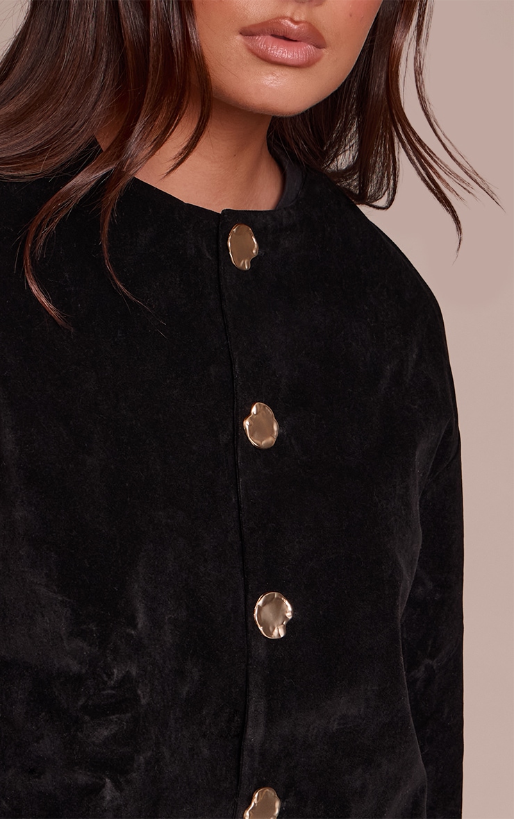 Black Round Neck Gold Button Suede Jacket image 4