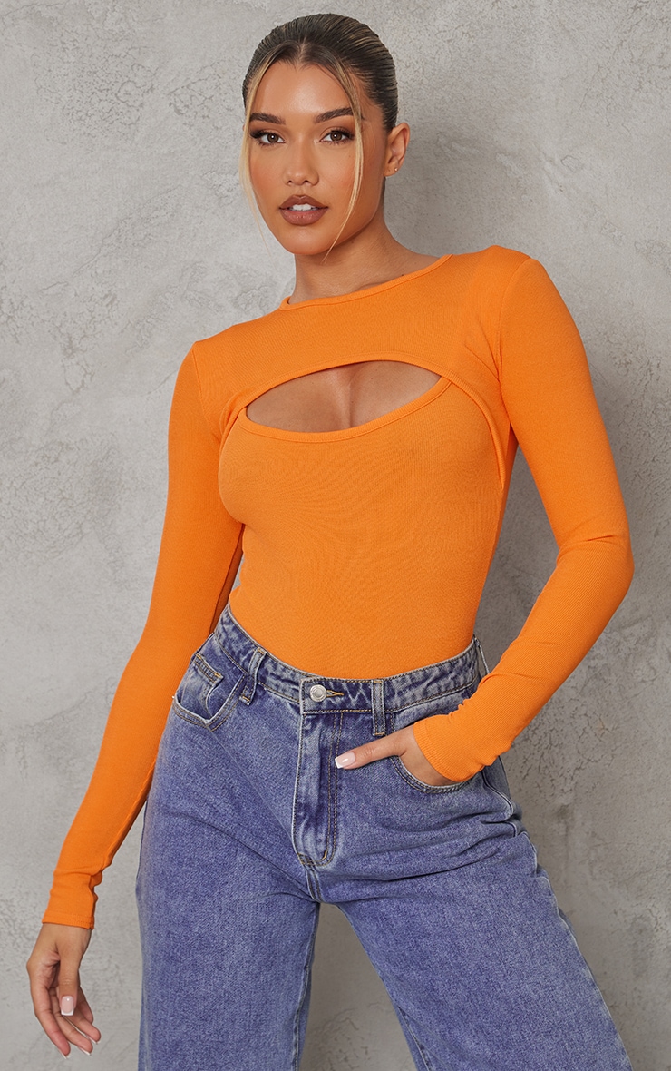 Orange Rib Arm Warmer Cut Out Detail Bodysuit image 1