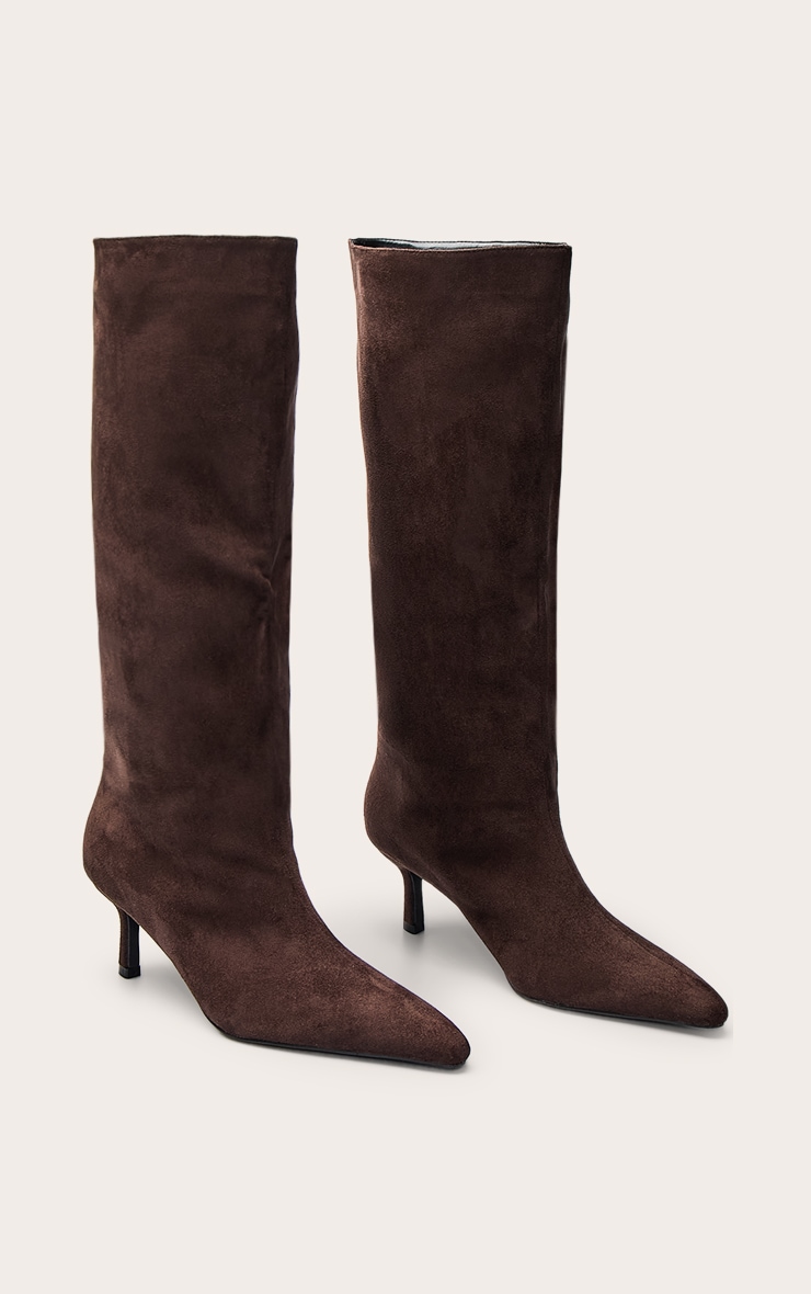 Chocolate Faux Suede Snipped Toe Low Heel Knee Boots image 3