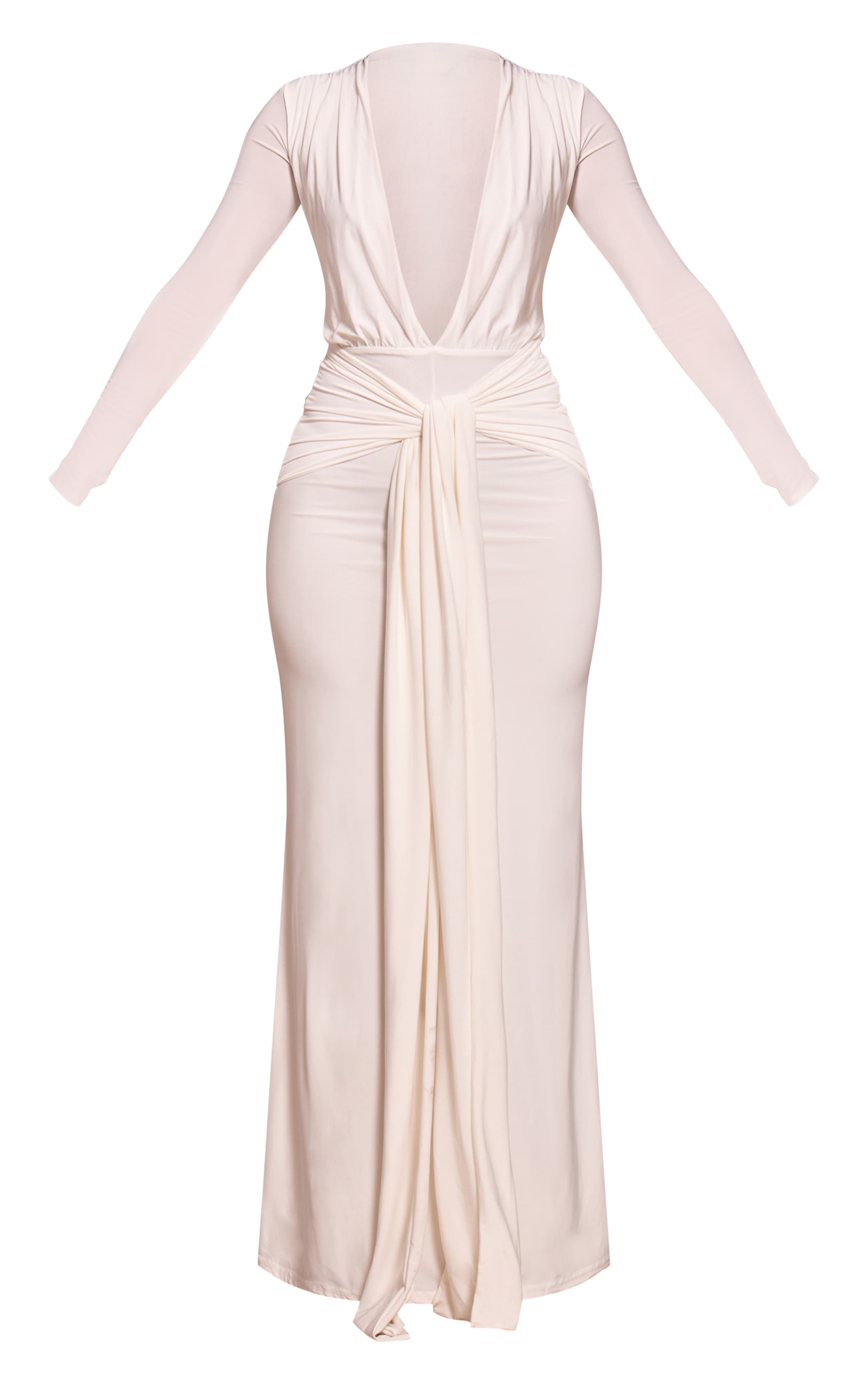 Petite Cream Double Layer Slinky Long Sleeve Ruched Tie Front Maxi Dress image 5