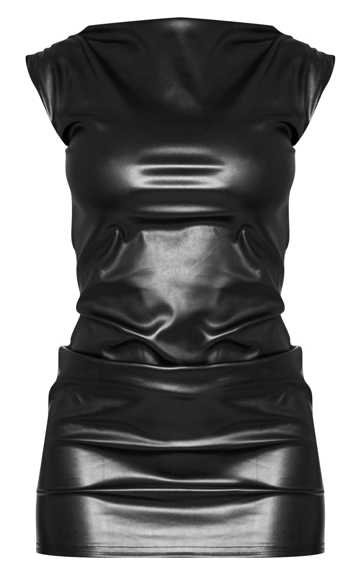 Black Faux Leather High Neck Ruched Mini Dress image 5