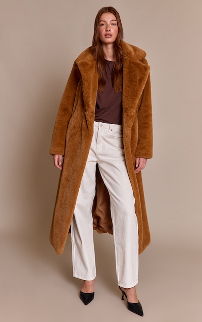 Camel Faux Fur Tie Waist Maxi Coat