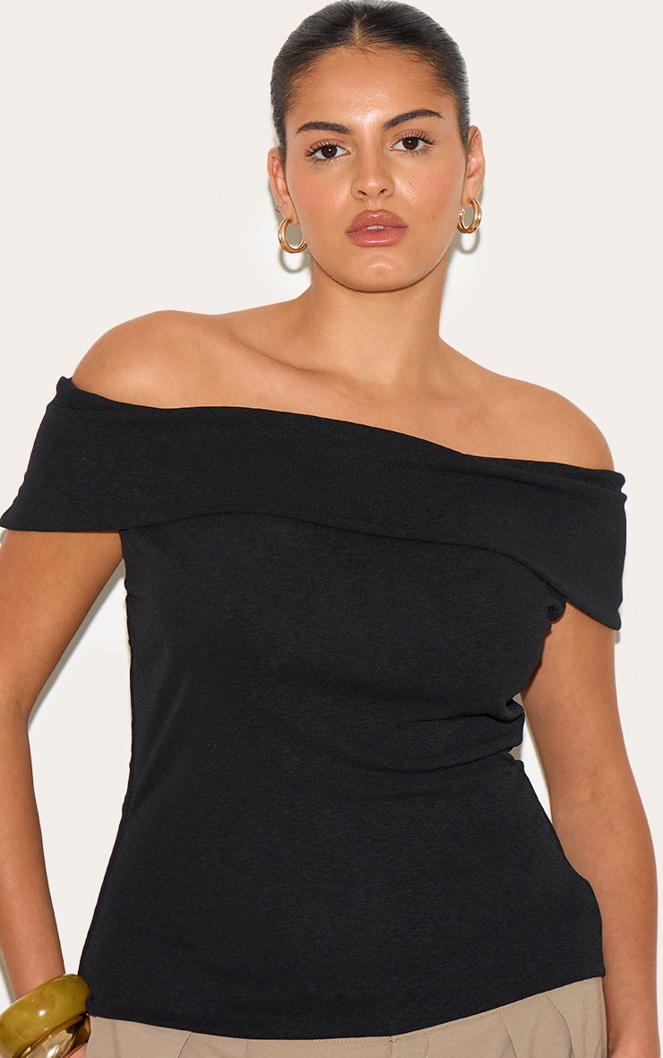 Plus Black Double Layer Burn Out Mesh Fold Over Bardot Top image 4