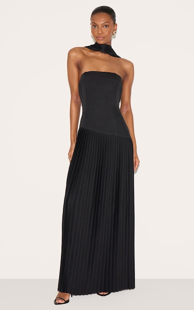 Robe longue tissée noire plissée à taille asymétrique