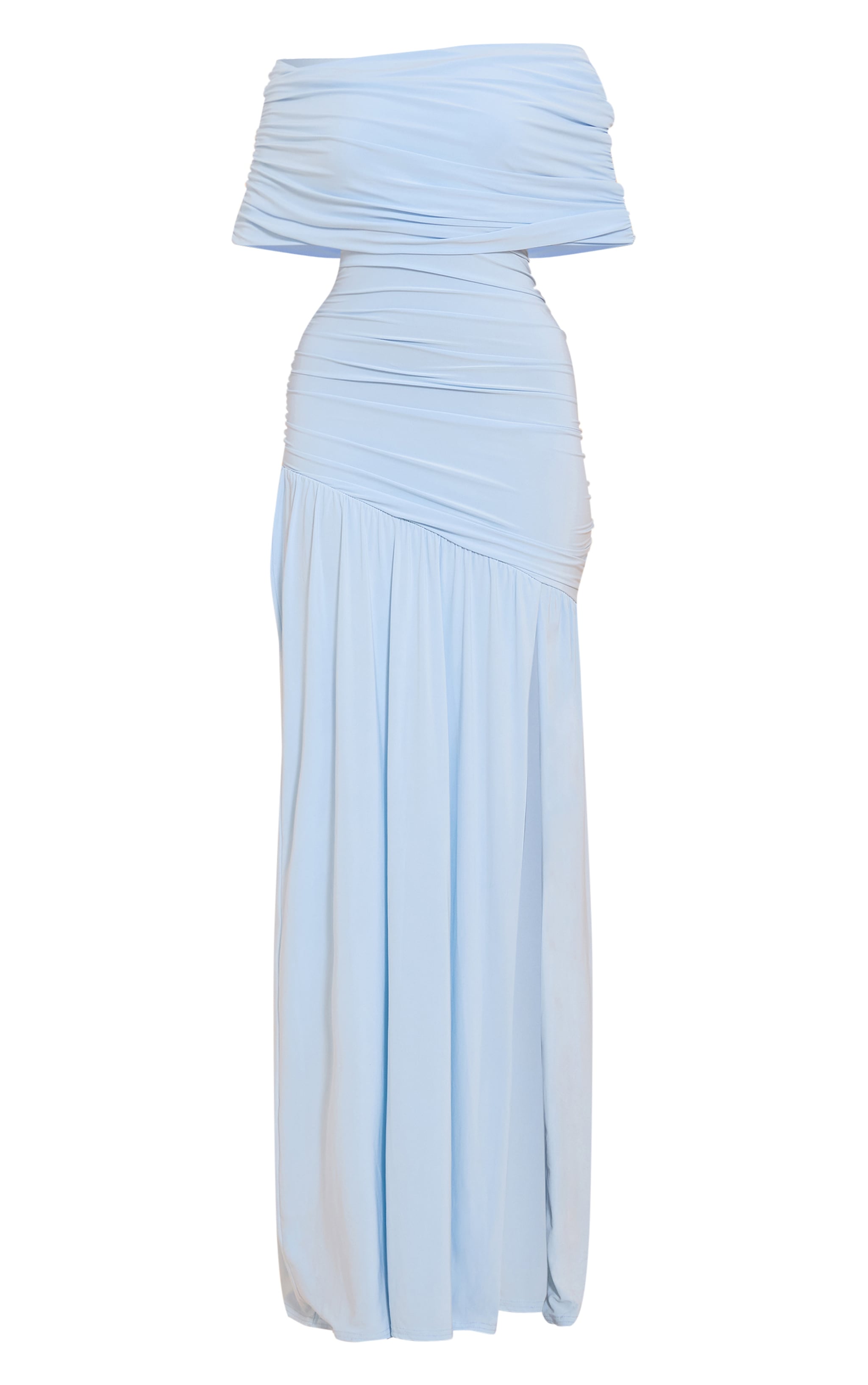 Blue Double Layer Slinky Bardot One Shoulder Ruched Maxi Dress image 5