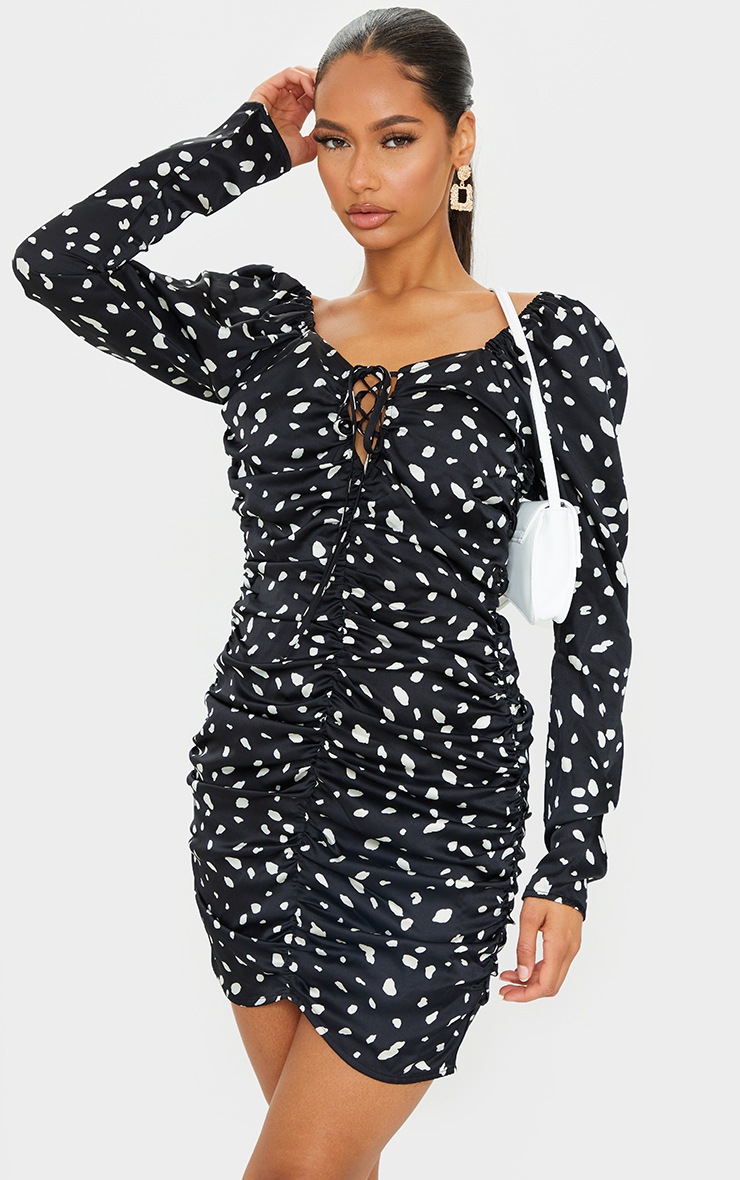 Black Dalmatian Puff Sleeve Lace Up Ruched Bodycon Dress