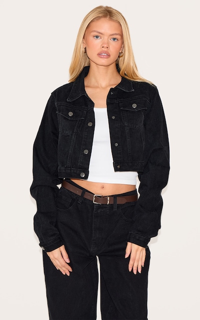 PRETTYLITTLETHING Washed Black Cropped Denim Jacket