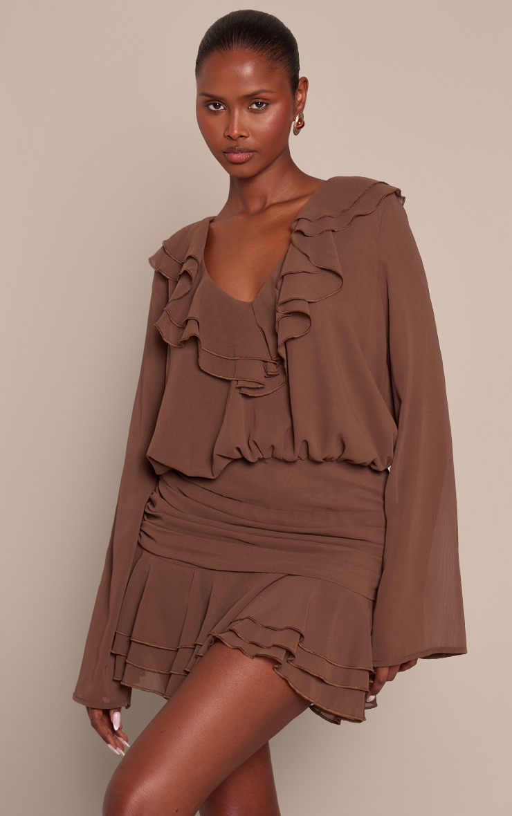 Chocolate Chiffon Long Sleeve Frill Mini Dress image 1