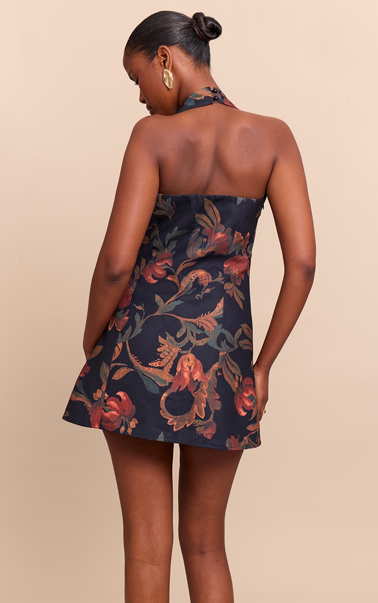 Burnt Orange Floral Square Halterneck A-line Dress image 2