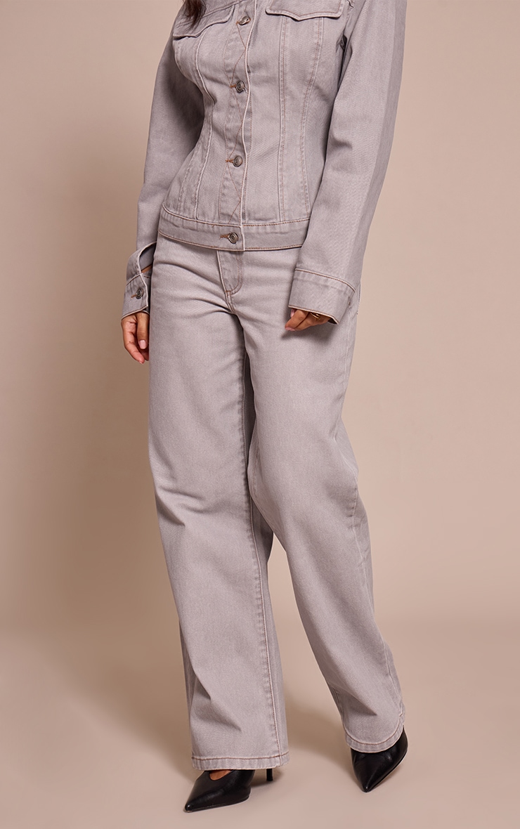 Petite Washed Grey Wide Leg Contrast Stitch Denim Jeans image 2