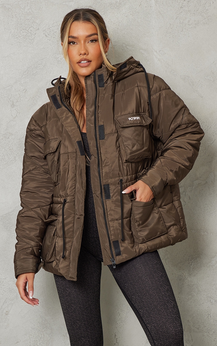 PRETTYLITTLETHING Khaki Sport Pocket Front Hiking Puffer Jacket image 1