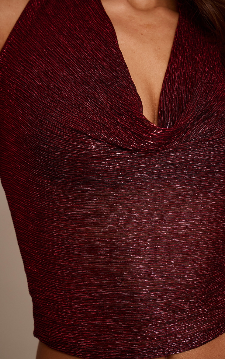Dark Wine Shimmer Pleated Cowl Neck Top image 4