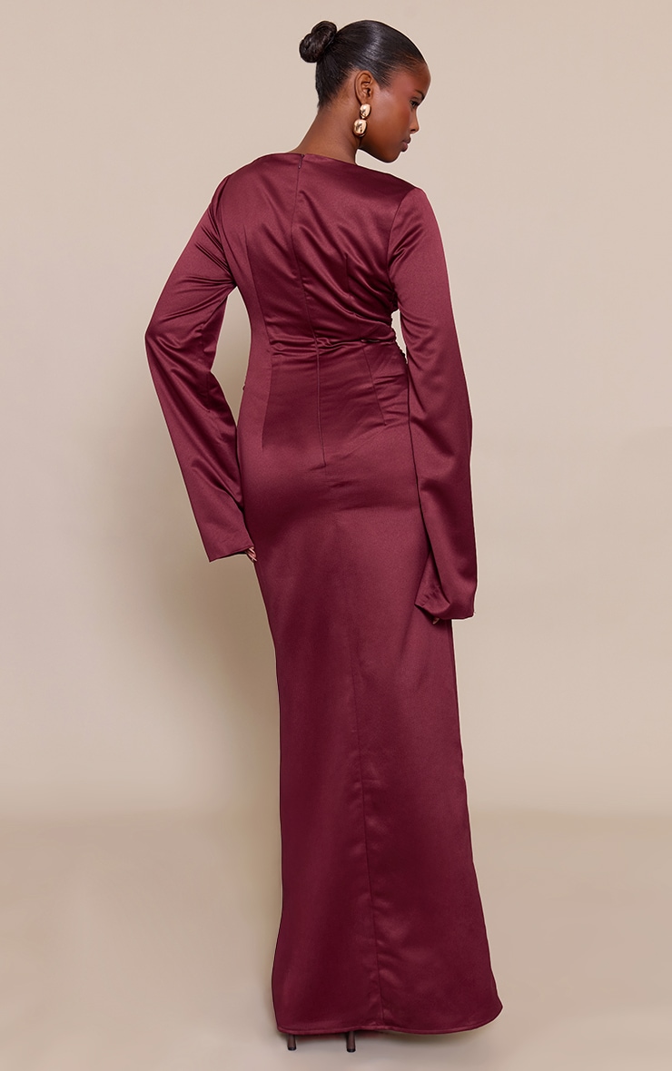 Wine Satin High Neck Flared Sleeve Maxi Dress image 2