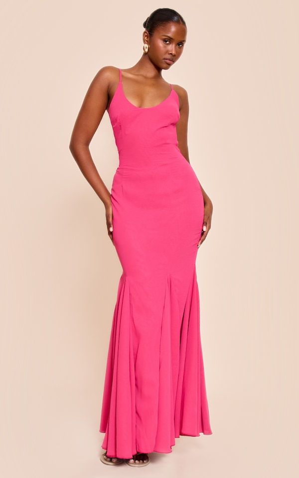  Fuschia Chiffon Scoop Neck Cowl Back Sleeveless Maxi Dress