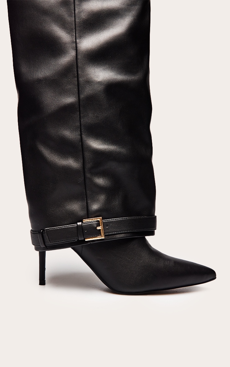 Black Fold Over Buckle Detail Knee High Heeled Boot image 5