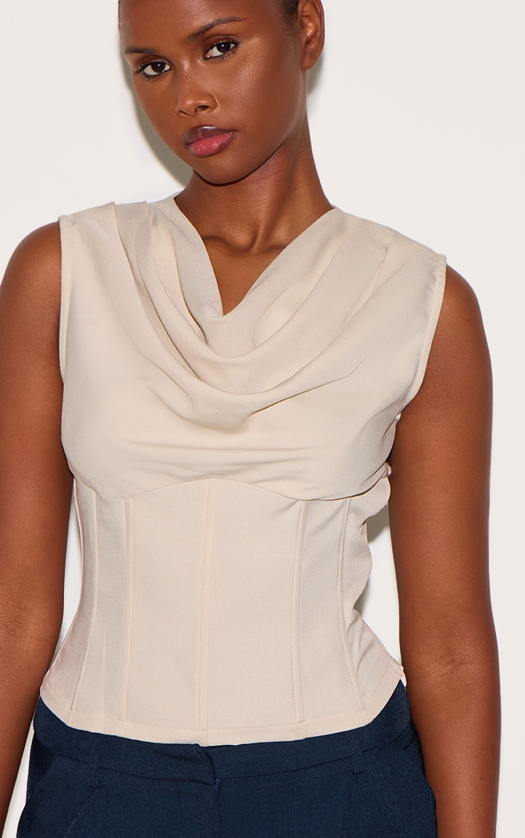 Beige Cowl Neck Woven Corset image 4