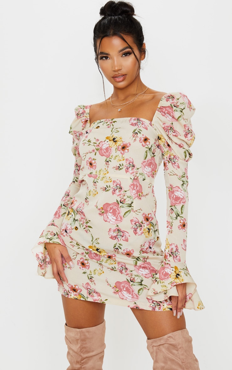 Beige Floral Print Puff Frill Sleeve Shift Dress