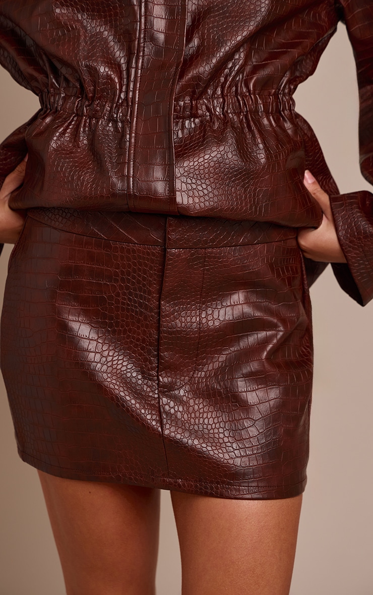 Brown Croc Faux Leather Mini Skirt image 2