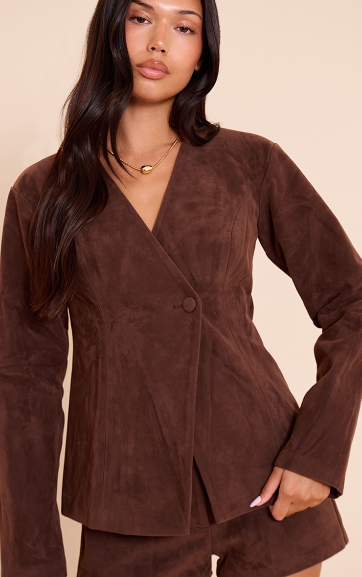 Dark Brown Structured Faux Suede Cinched Waist Blazer image 1
