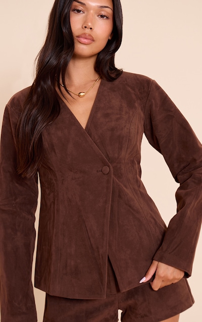 Dark Brown Structured Faux Suede Cinched Waist Blazer