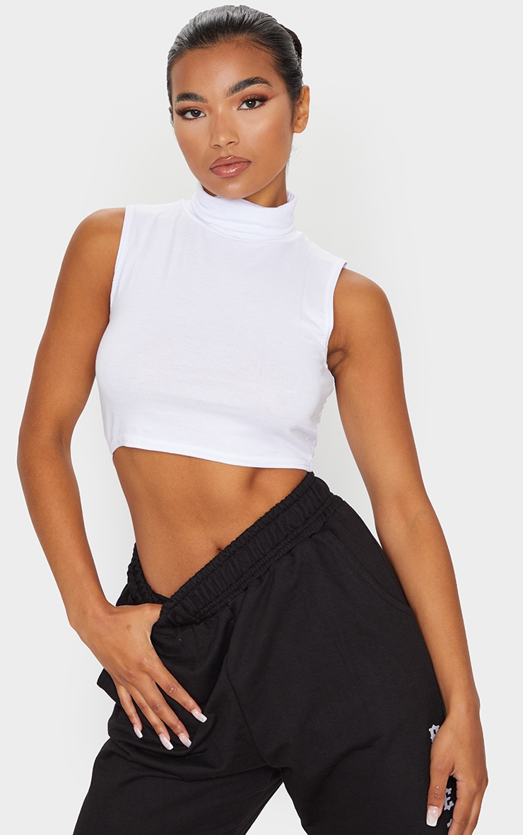 Basic White Jersey Roll Neck Sleeveless Crop Top