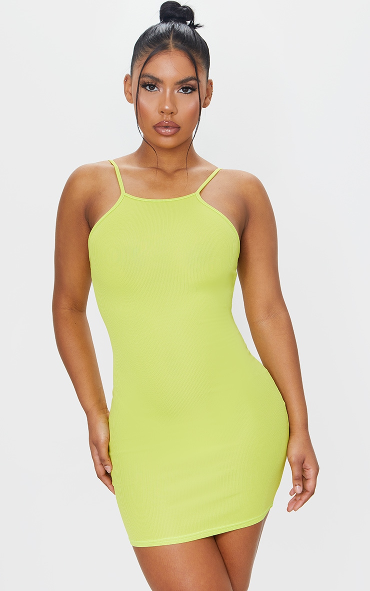 Lime Ribbed 90'S Neck Bodycon Dress