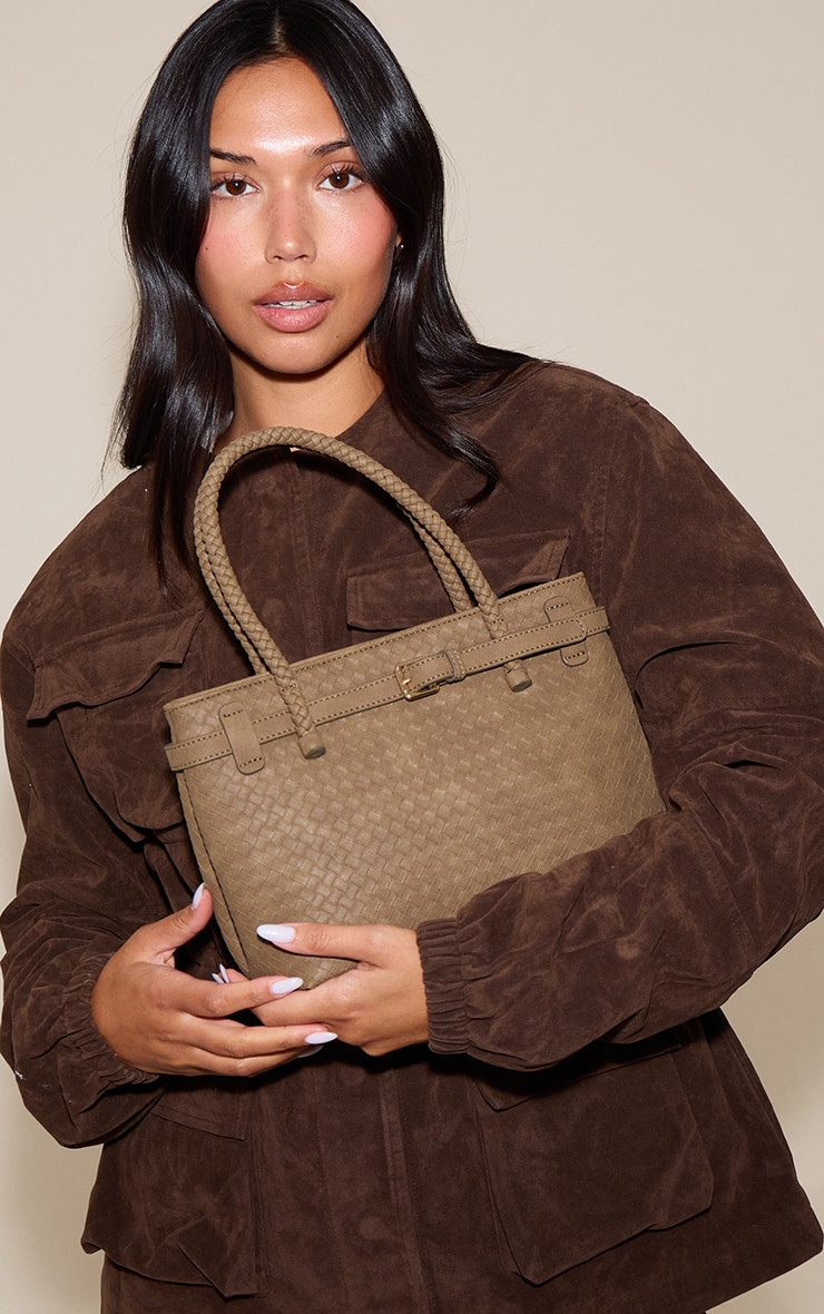 Olive Faux Suede Woven Belted Hand Bag