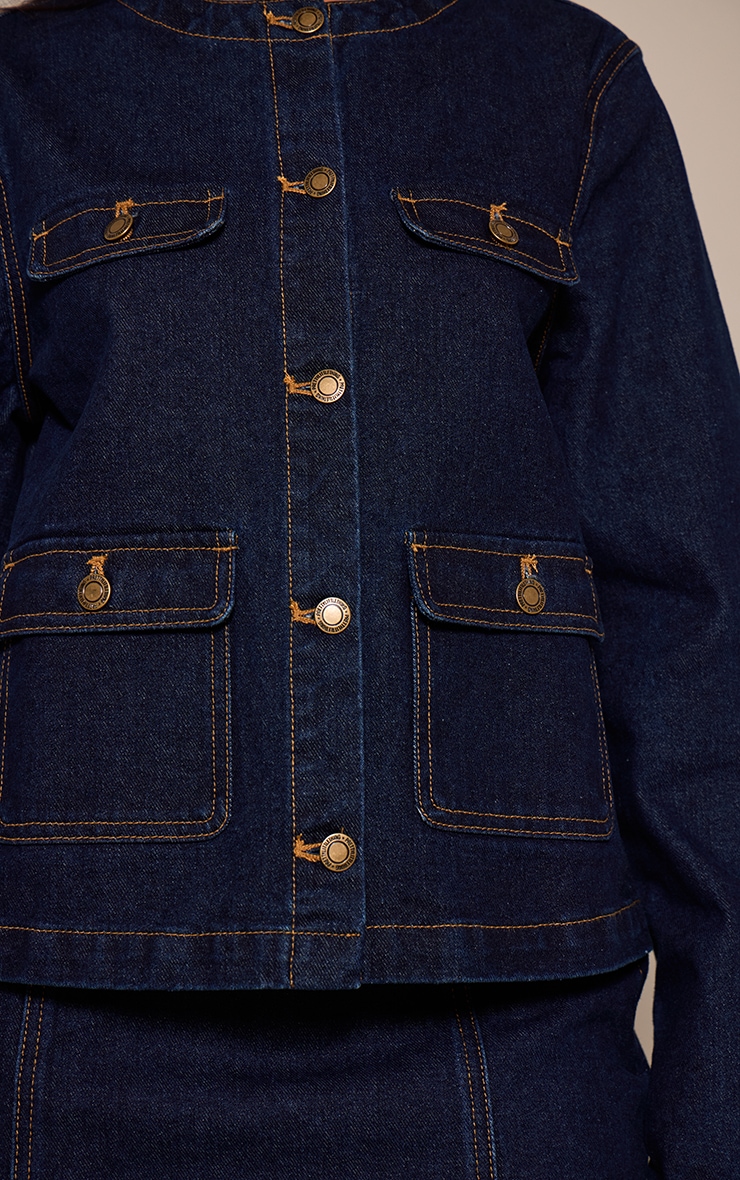 Petite Indigo Pocket Detail Collarless Denim Jacket  image 4