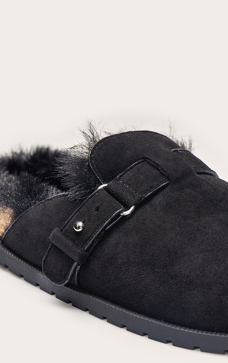 Black Faux Suede Faux Fur Lined Buckle Mules image 5