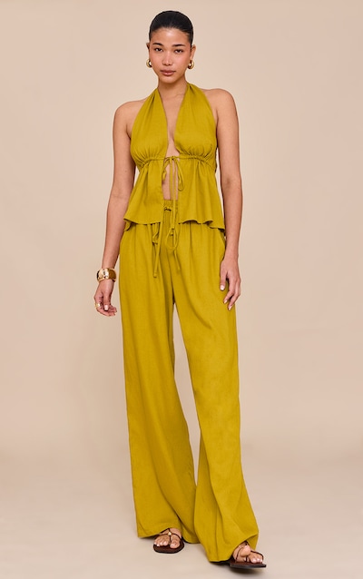 Pantalon large en effet lin moutarde profond à cordons ajustables