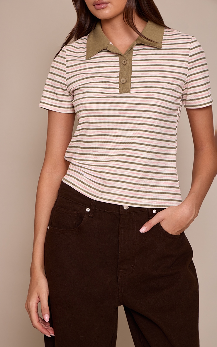 Khaki Soft Rib Striped Detail Collared Short Sleeve Top image 4