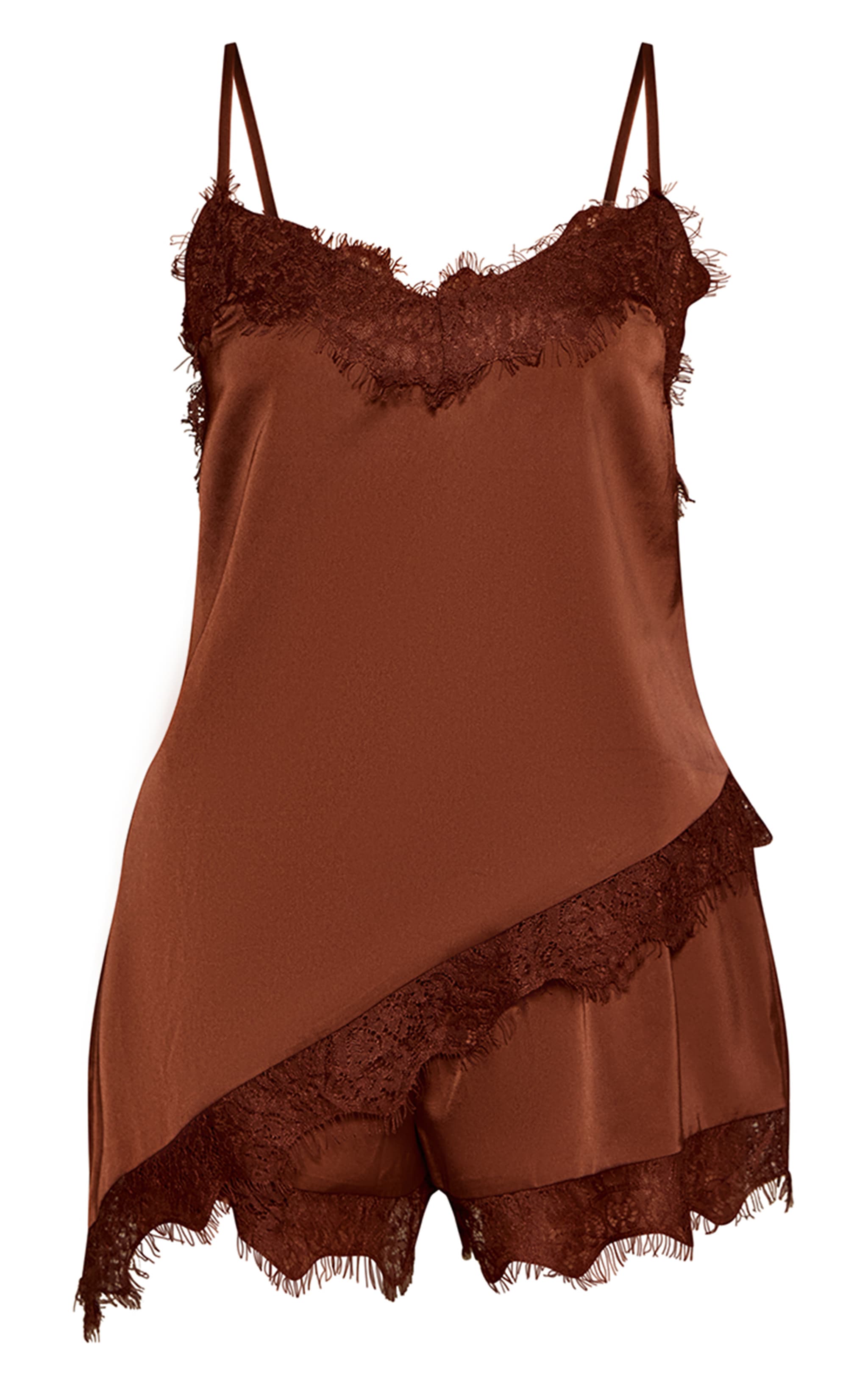 Chocolate Lace Hem Satin & Boxer Short Pajama Set image 5