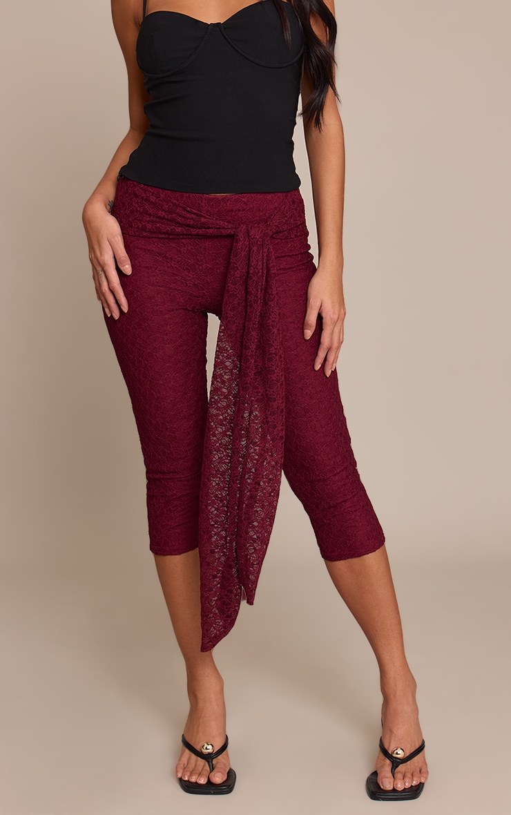 Plum Textured Lace Wrap Waist Detail Capris image 2
