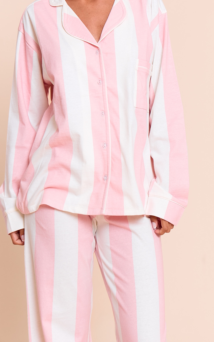Petite Pink Chunky Stripe Jersey Piping Detail Long Pj Set image 4