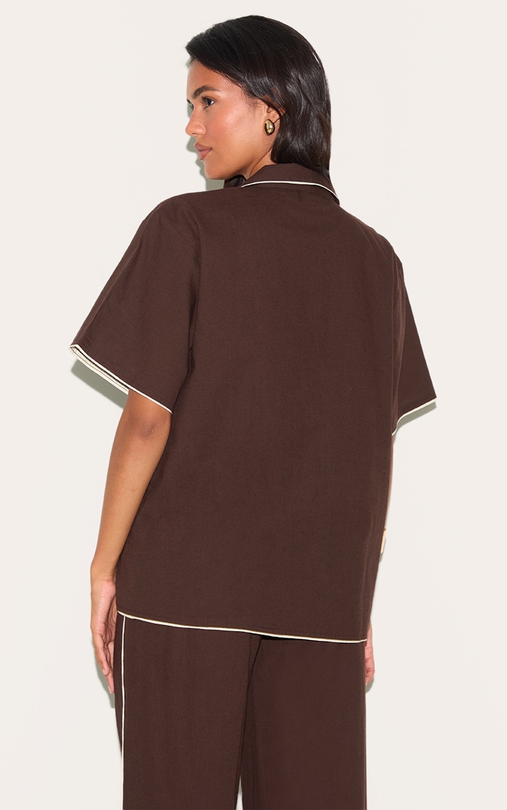 Dark Brown Linen Look Contrast Oversized Tie Shirt image 2