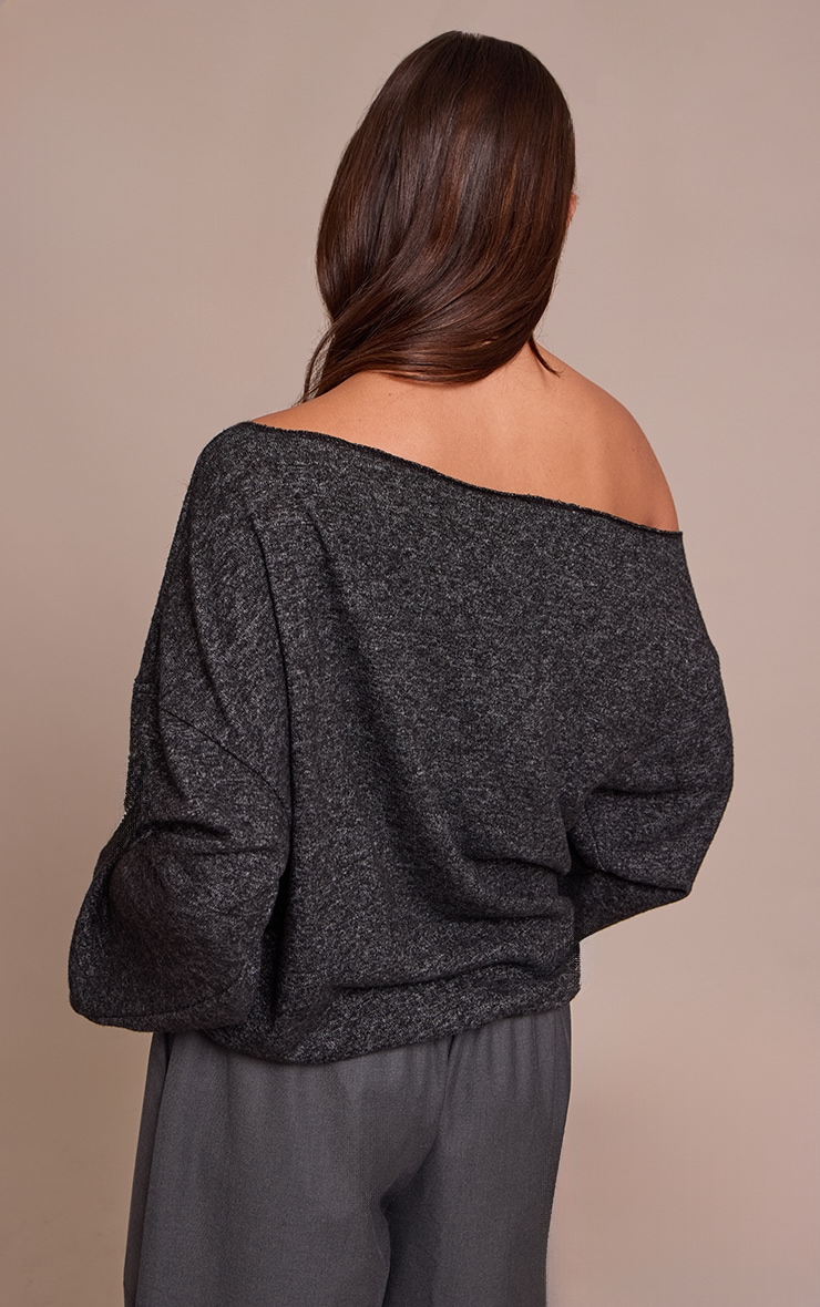 Charcoal Soft Knit Asymmetric Oversized Slouchy Long Sleeve Top image 2