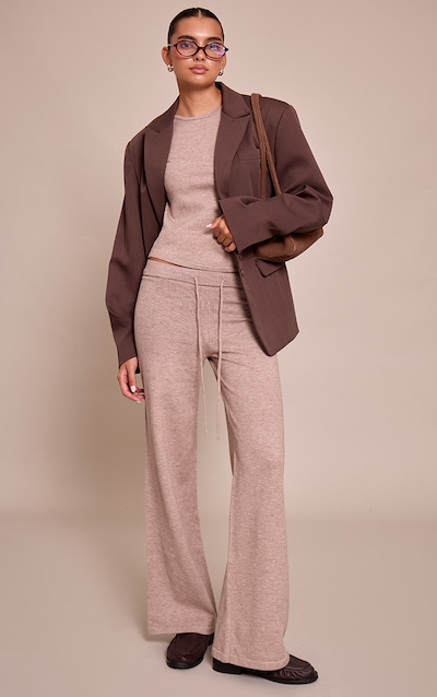 Pantalon en maille tricot fine taupe à cordons ajustables