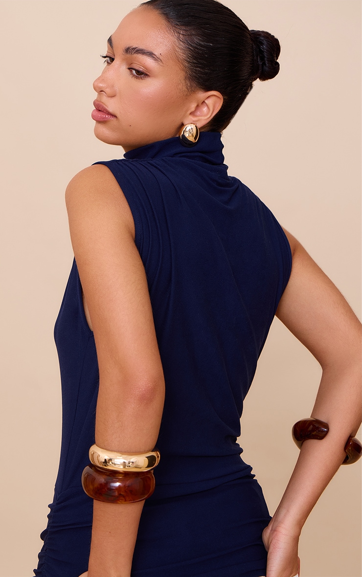 Navy Soft Touch Ruched Side High Neck Top image 2
