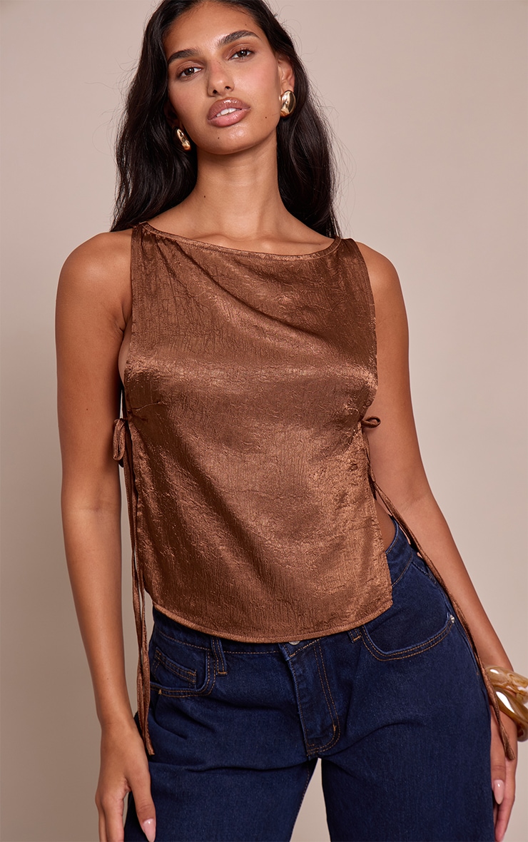 Chocolate Textured Satin Tie Side Long Top image 4