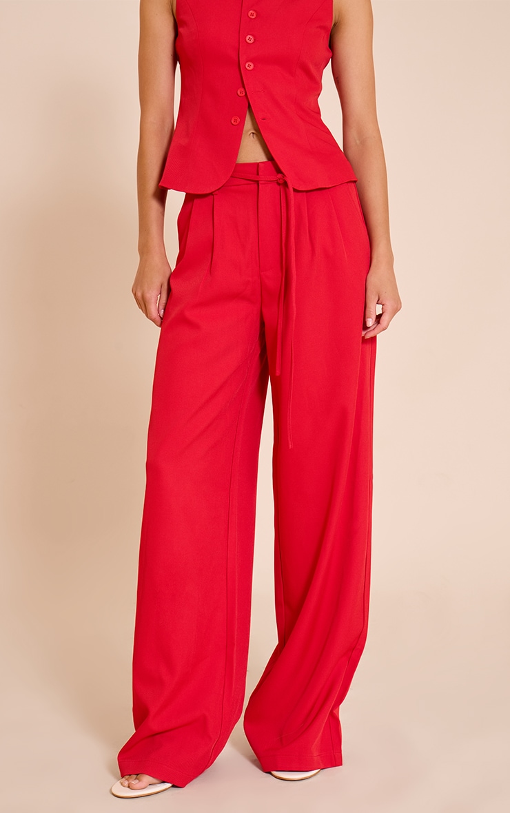 Tomato Red Tailored Tie Detail Woven Wide Leg Pants image 2